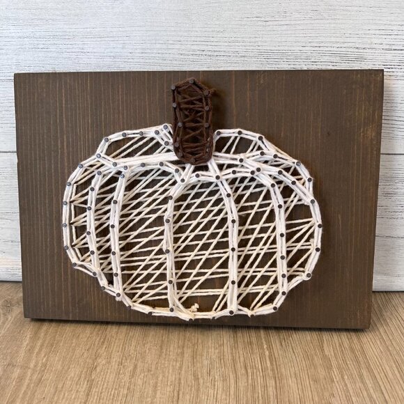 Pumpkin String Art w/ Nails on Wood Plaque Fall Autumn Primitive Folk Art Decor - Picture 1 of 10